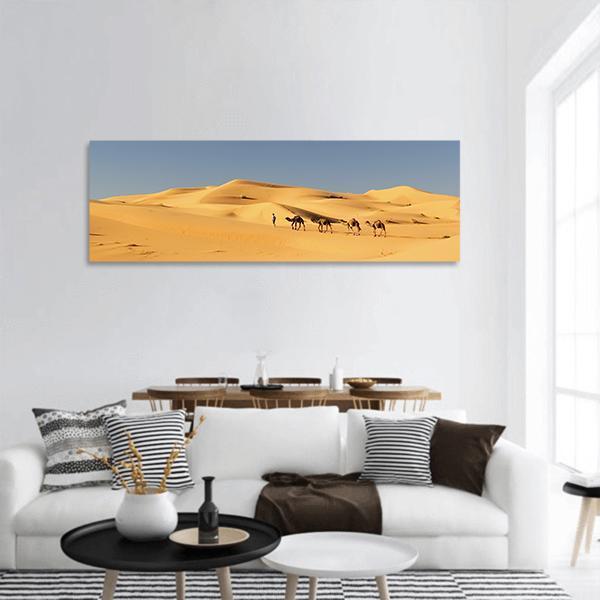 Camels In Desert Panoramic Canvas Wall Art-1 Piece-36" x 12"-Tiaracle