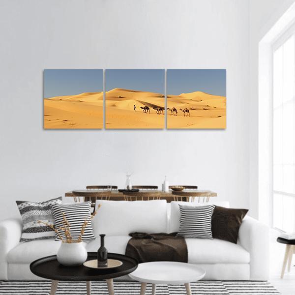 Camels In Desert Panoramic Canvas Wall Art-3 Piece-25" x 08"-Tiaracle
