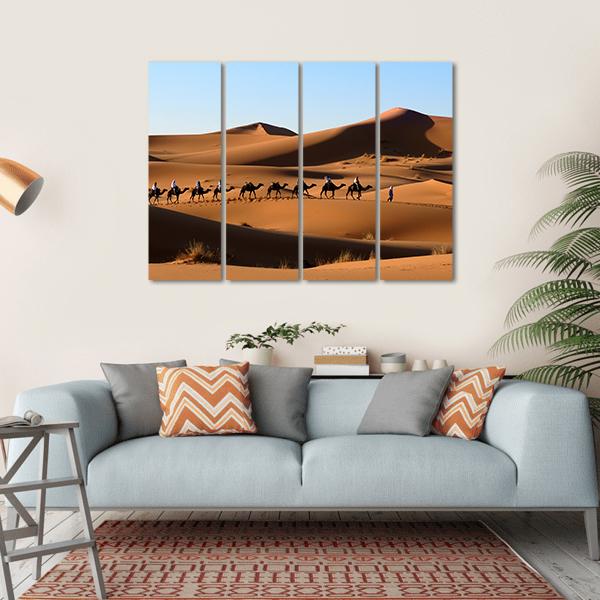 Camel Caravan In Sand Dunes Canvas Wall Art-4 Horizontal-Gallery Wrap-34" x 24"-Tiaracle