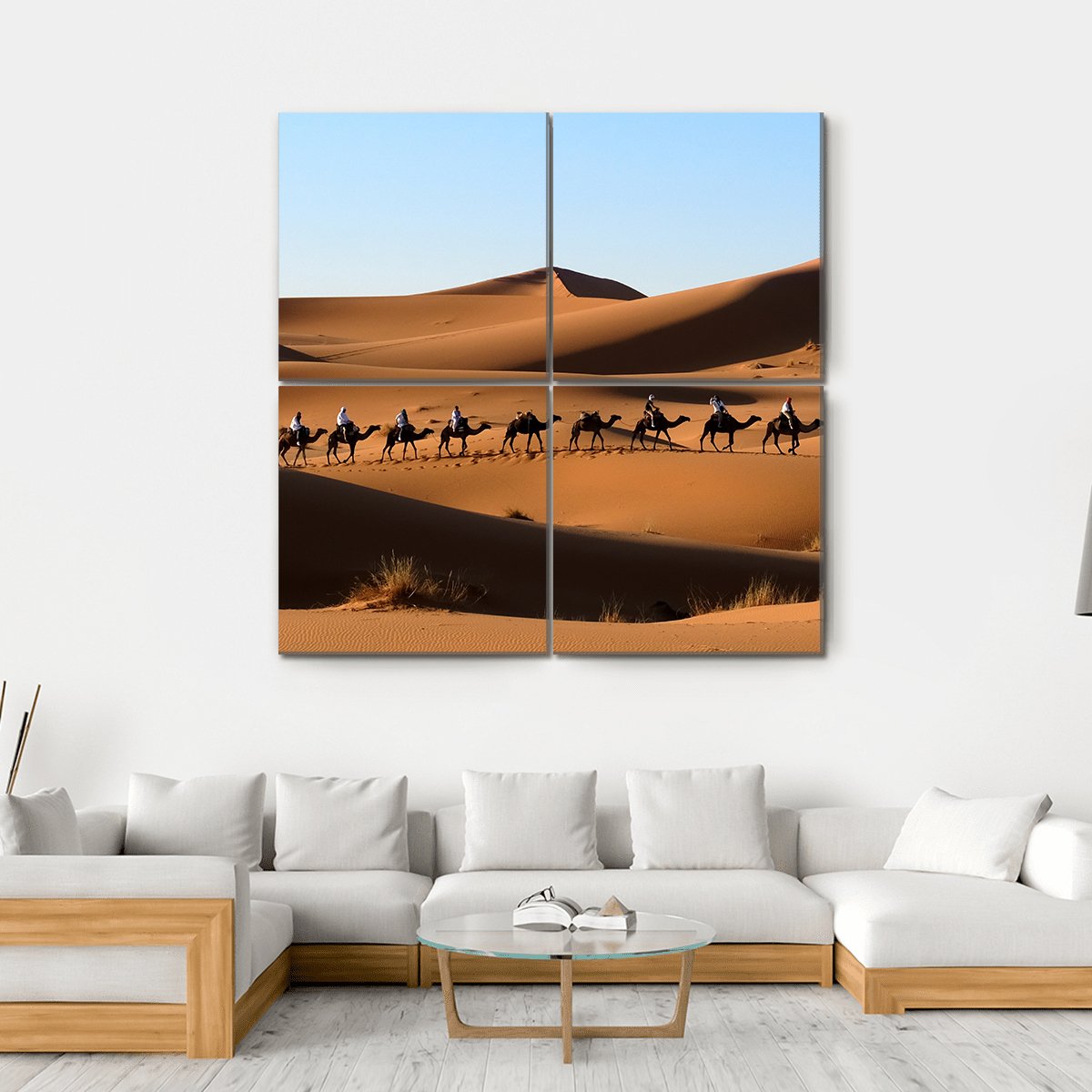 Camel Caravan In Sand Dunes Canvas Wall Art-4 Square-Gallery Wrap-17" x 17"-Tiaracle