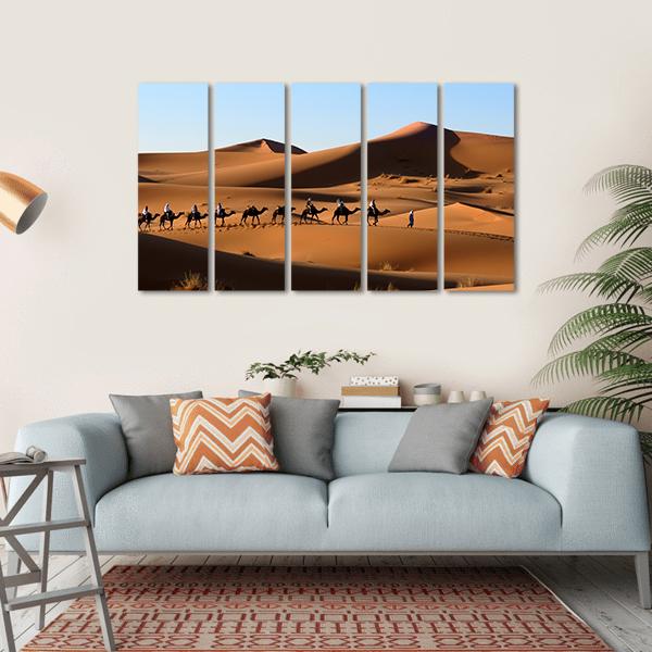 Camel Caravan In Sand Dunes Canvas Wall Art-5 Horizontal-Gallery Wrap-22" x 12"-Tiaracle