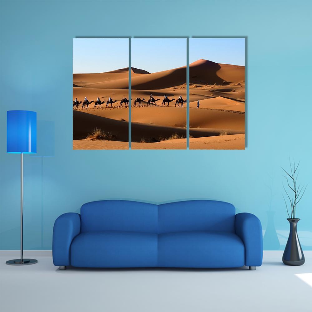 Camel Caravan In Sand Dunes Canvas Wall Art-3 Horizontal-Gallery Wrap-37" x 24"-Tiaracle
