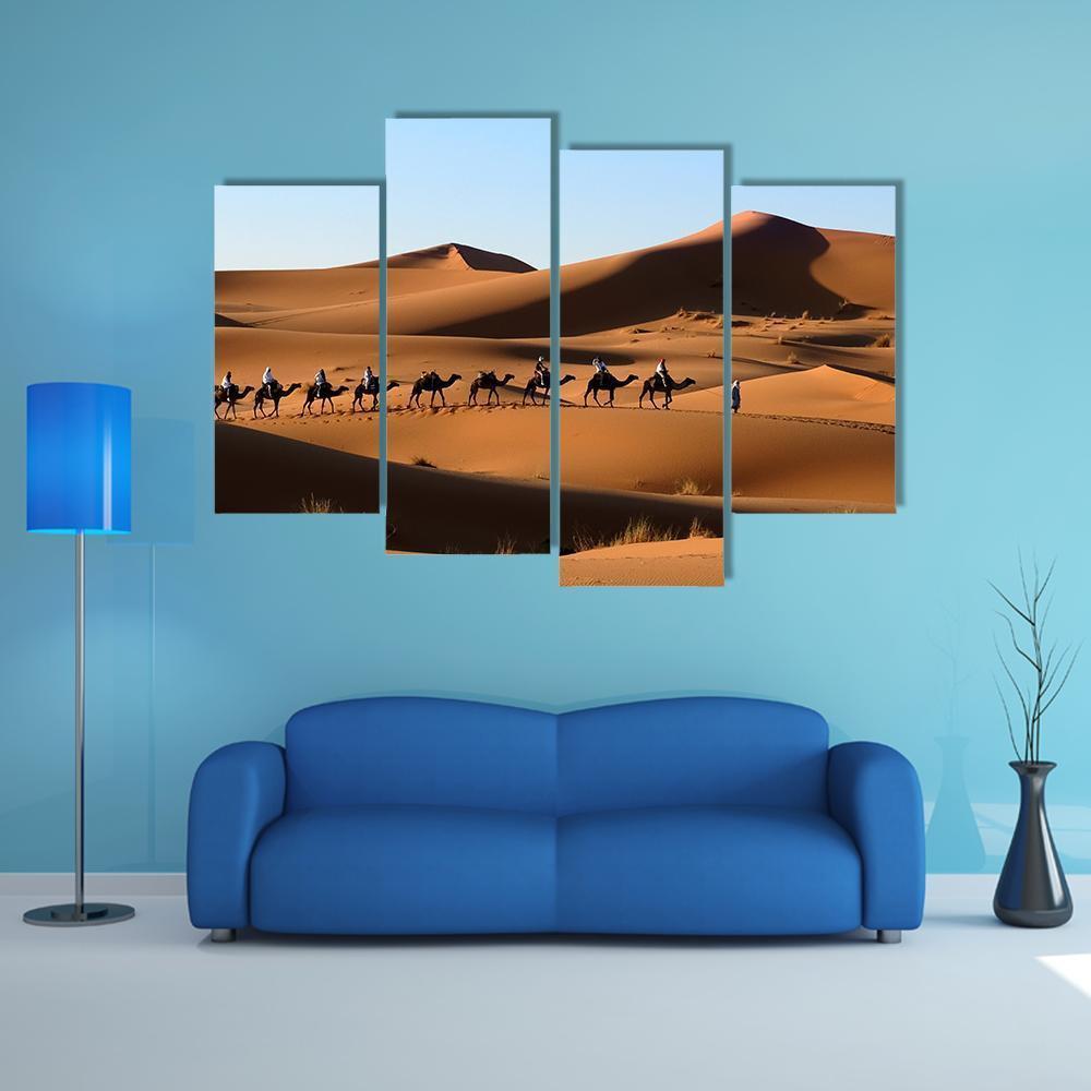 Camel Caravan In Sand Dunes Canvas Wall Art-4 Pop-Gallery Wrap-50" x 32"-Tiaracle