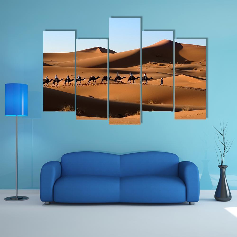 Camel Caravan In Sand Dunes Canvas Wall Art-5 Pop-Gallery Wrap-47" x 32"-Tiaracle