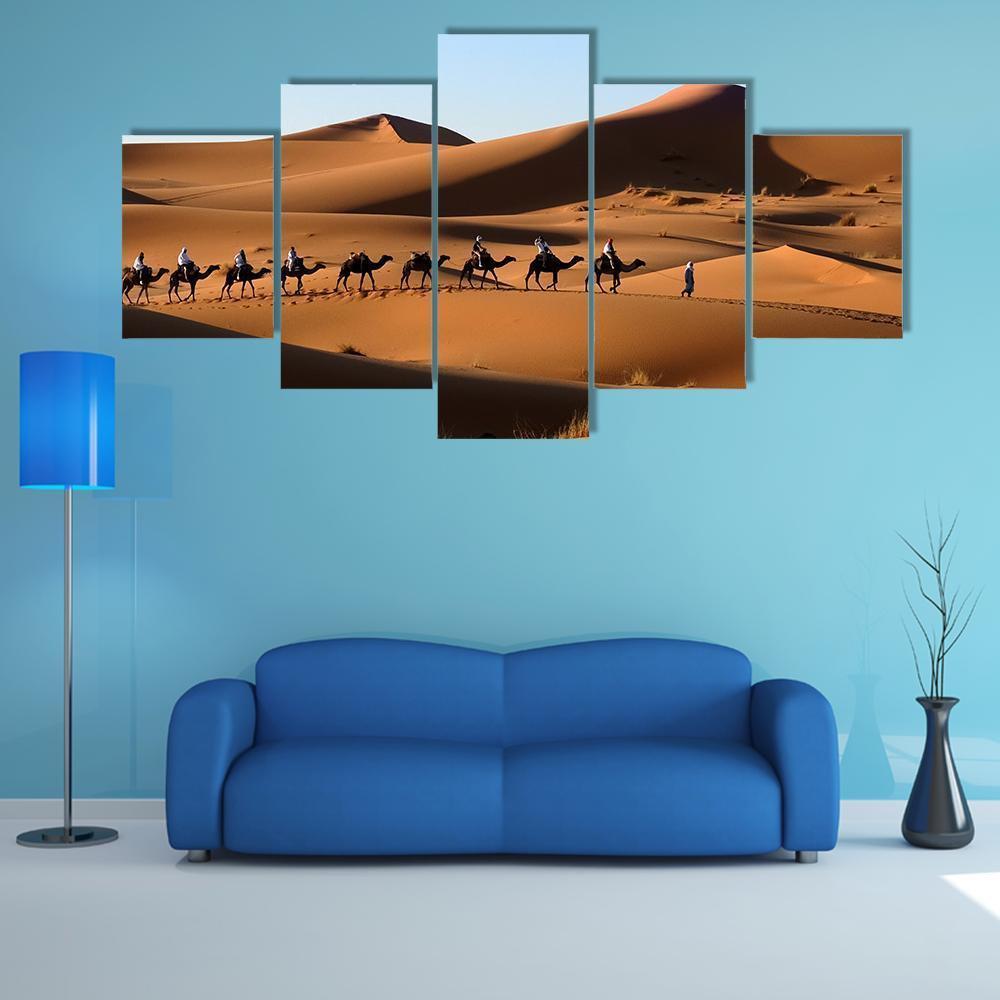 Camel Caravan In Sand Dunes Canvas Wall Art-5 Star-Gallery Wrap-62" x 32"-Tiaracle