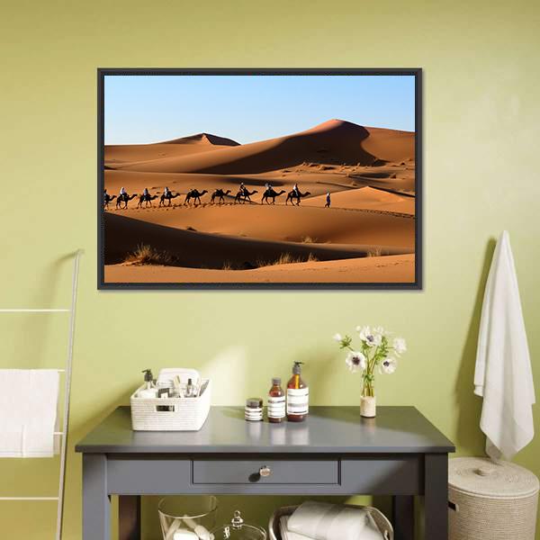 Camel Caravan In Sand Dunes Canvas Wall Art-3 Horizontal-Gallery Wrap-25" x 16"-Tiaracle
