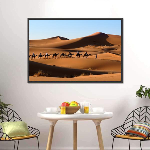 Camel Caravan In Sand Dunes Canvas Wall Art-3 Horizontal-Gallery Wrap-25" x 16"-Tiaracle