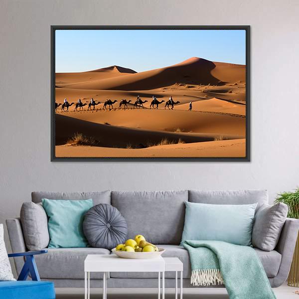 Camel Caravan In Sand Dunes Canvas Wall Art-1 Piece-Floating Frame-24" x 16"-Tiaracle