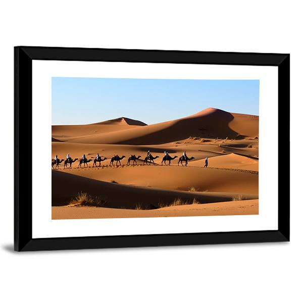 Camel Caravan In Sand Dunes Canvas Wall Art-3 Horizontal-Gallery Wrap-25" x 16"-Tiaracle