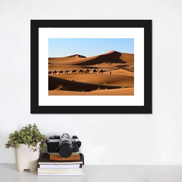 Camel Caravan In Sand Dunes Canvas Wall Art-1 Piece-Framed Print-20" x 16"-Tiaracle