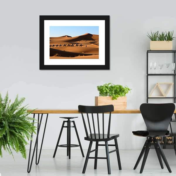 Camel Caravan In Sand Dunes Canvas Wall Art-3 Horizontal-Gallery Wrap-25" x 16"-Tiaracle