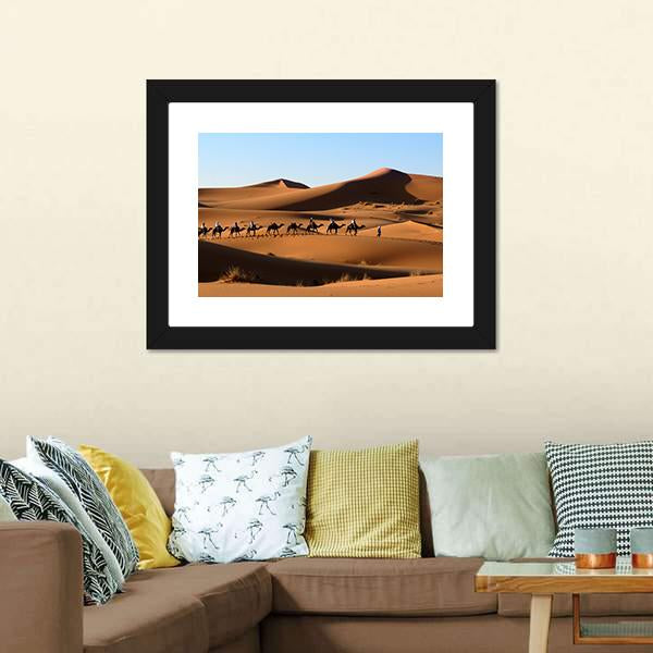 Camel Caravan In Sand Dunes Canvas Wall Art-3 Horizontal-Gallery Wrap-25" x 16"-Tiaracle