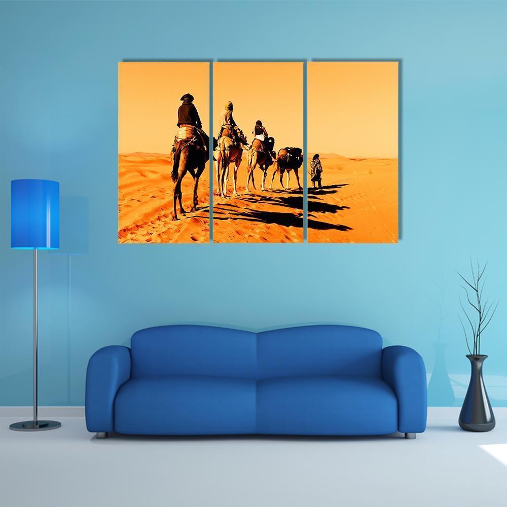 Camel Caravan Sahara Desert Canvas Wall Art-3 Horizontal-Gallery Wrap-37" x 24"-Tiaracle