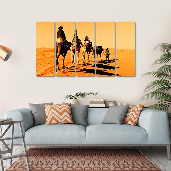 Camel Caravan Sahara Desert Canvas Wall Art-5 Horizontal-Gallery Wrap-22" x 12"-Tiaracle