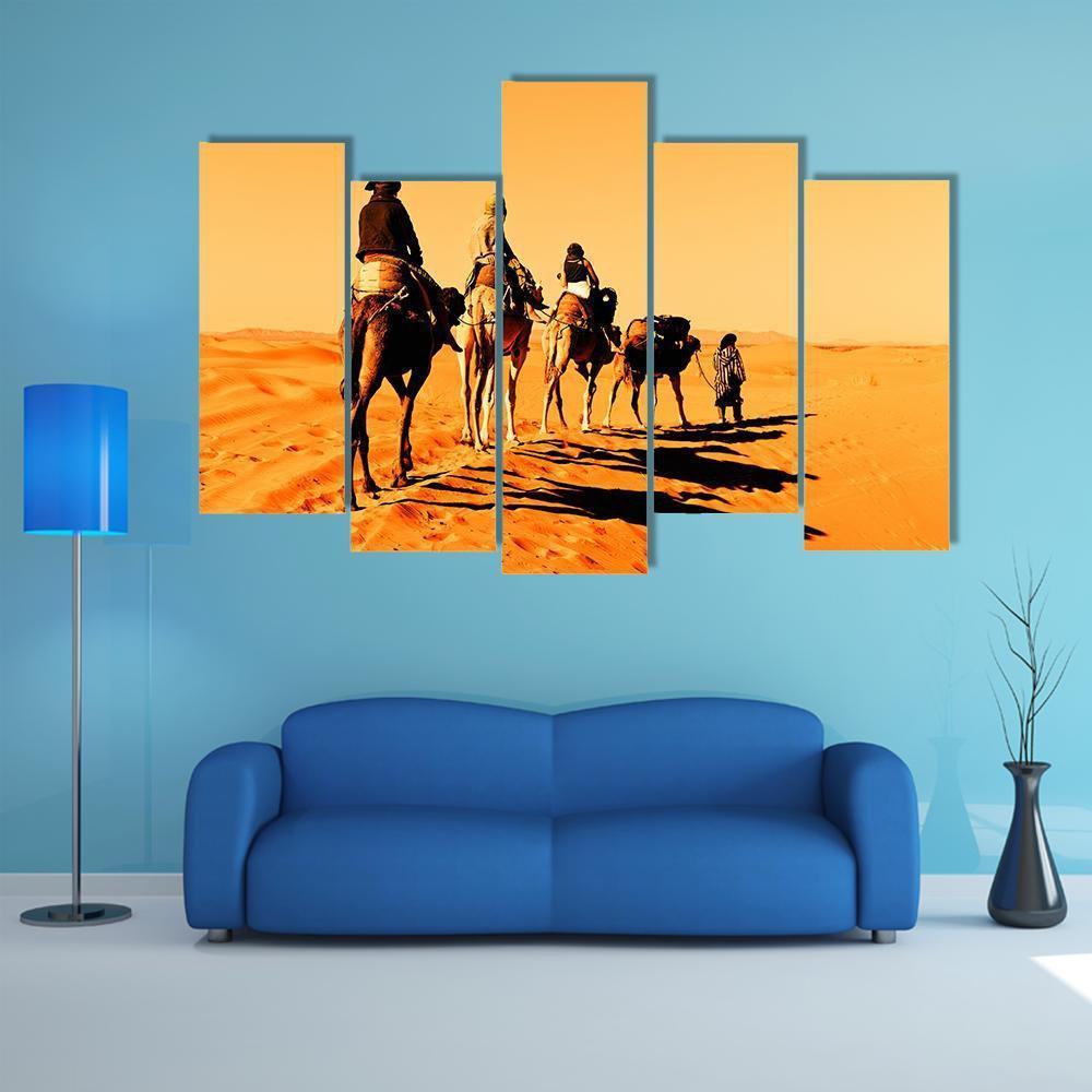 Camel Caravan Sahara Desert Canvas Wall Art-5 Pop-Gallery Wrap-47" x 32"-Tiaracle