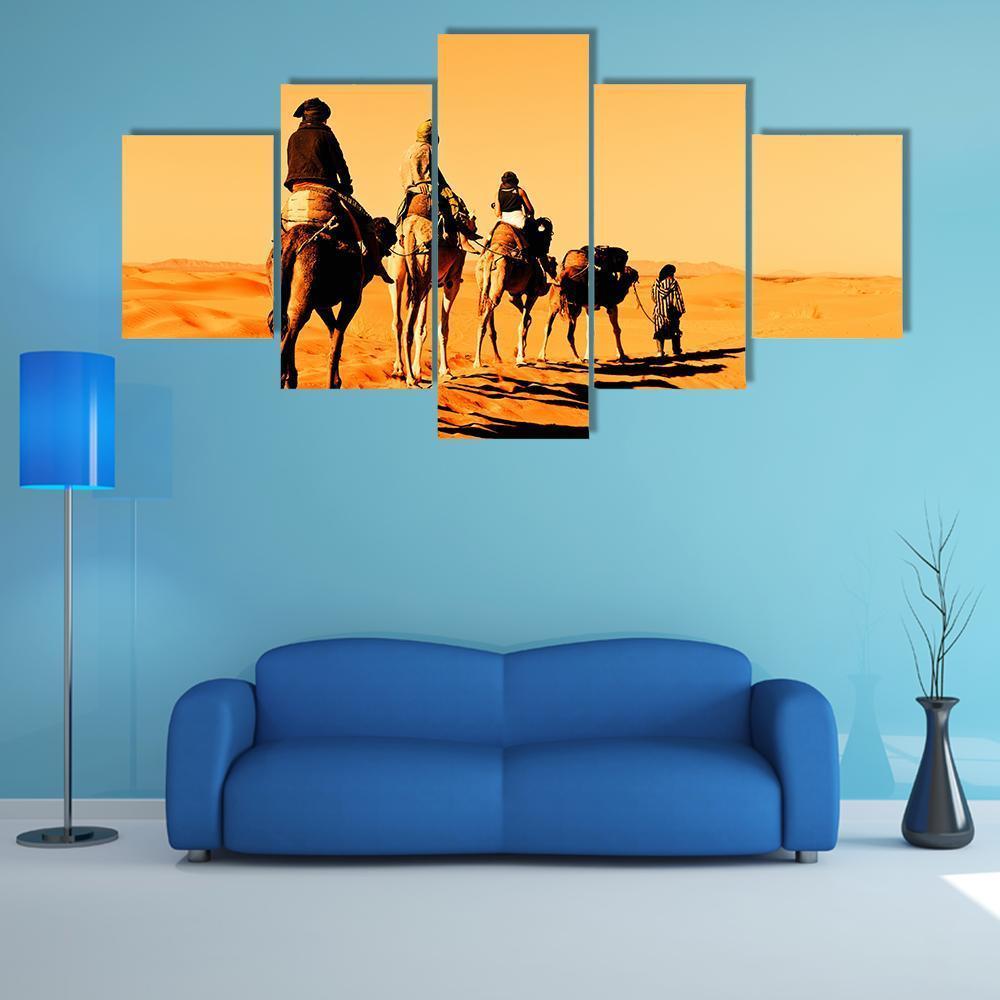 Camel Caravan Sahara Desert Canvas Wall Art-5 Star-Gallery Wrap-62" x 32"-Tiaracle