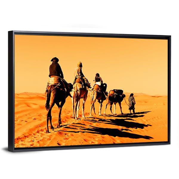 Camel Caravan Sahara Desert Canvas Wall Art-3 Horizontal-Gallery Wrap-25" x 16"-Tiaracle