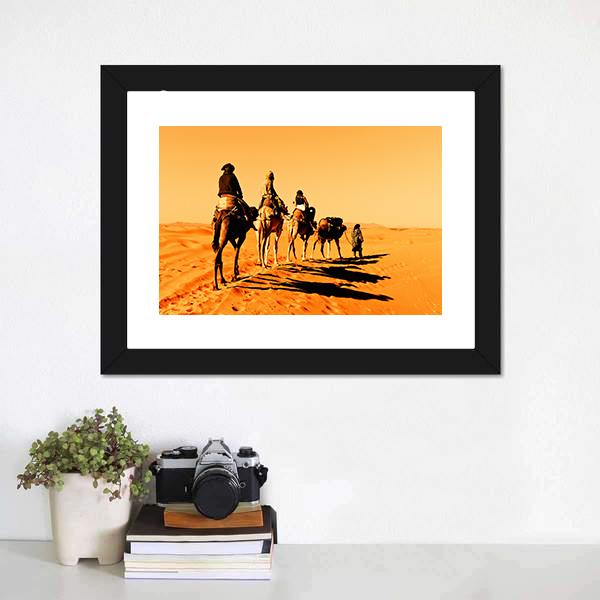 Camel Caravan Sahara Desert Canvas Wall Art-1 Piece-Framed Print-20" x 16"-Tiaracle