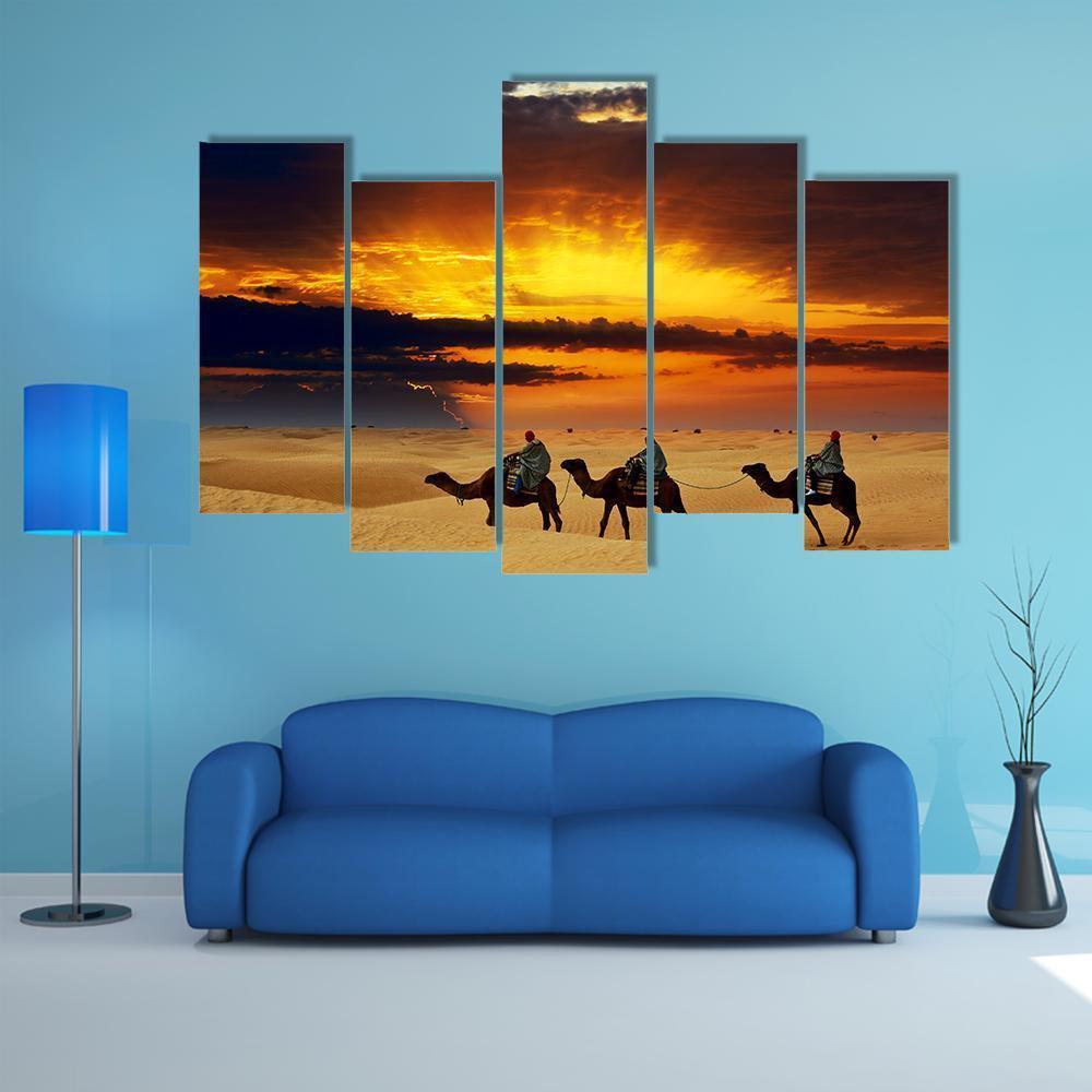 Camel Caravan Canvas Wall Art-5 Pop-Gallery Wrap-47" x 32"-Tiaracle