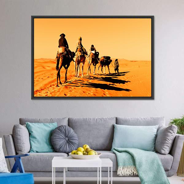 Camel Caravan Sahara Desert Canvas Wall Art-1 Piece-Floating Frame-24" x 16"-Tiaracle