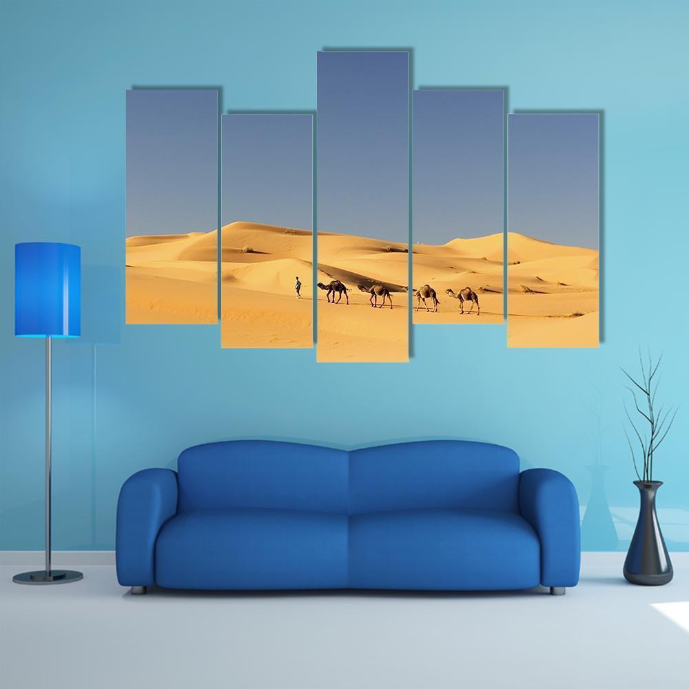 Camels In Desert Canvas Wall Art-5 Pop-Gallery Wrap-47" x 32"-Tiaracle