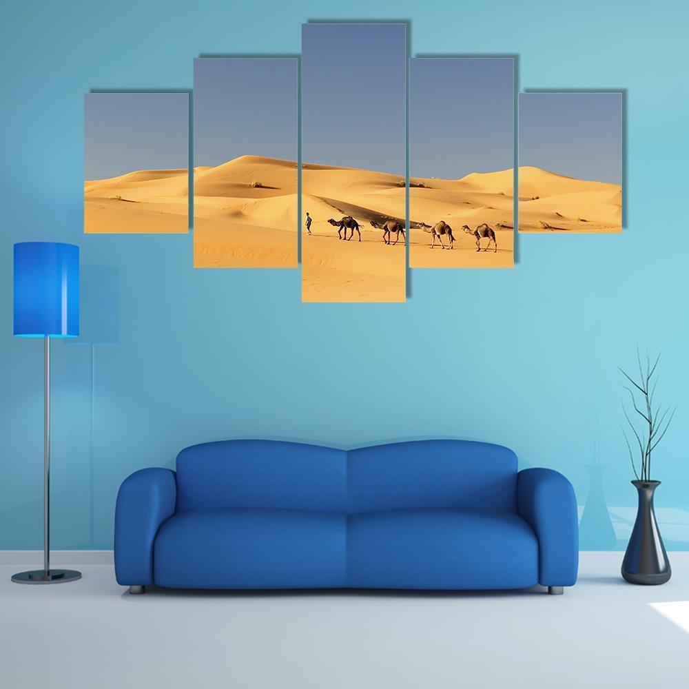 Camels In Desert Canvas Wall Art-5 Star-Gallery Wrap-62" x 32"-Tiaracle