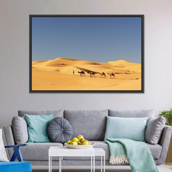 Camels In Desert Canvas Wall Art-1 Piece-Floating Frame-24" x 16"-Tiaracle