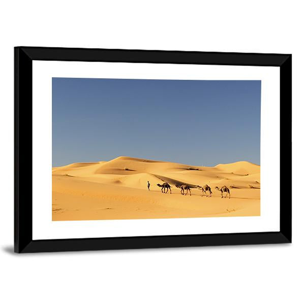 Camels In Desert Panoramic Canvas Wall Art-1 Piece-36" x 12"-Tiaracle