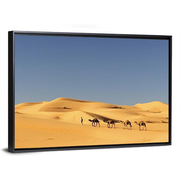 Camels In Desert Panoramic Canvas Wall Art-1 Piece-36" x 12"-Tiaracle