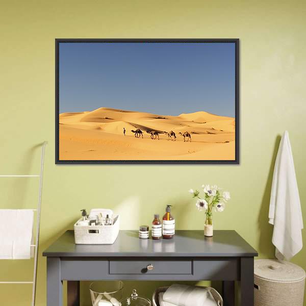 Camels In Desert Panoramic Canvas Wall Art-1 Piece-36" x 12"-Tiaracle
