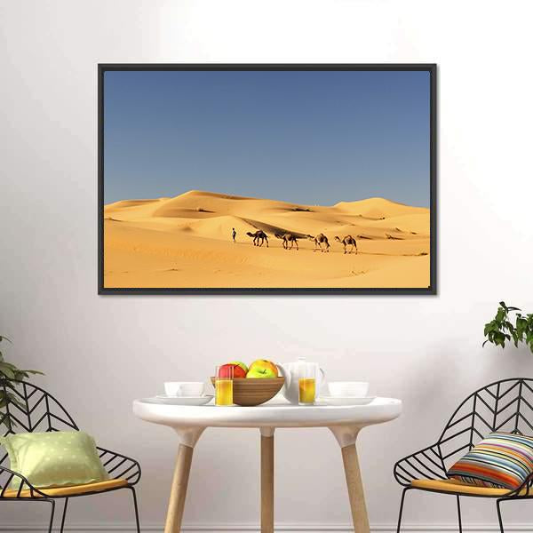 Camels In Desert Panoramic Canvas Wall Art-1 Piece-36" x 12"-Tiaracle
