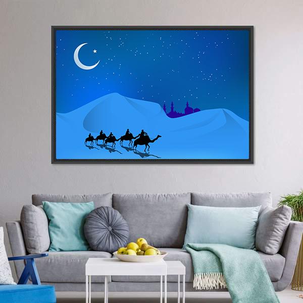 Camels In Dessert Illustration Canvas Wall Art-5 Horizontal-Gallery Wrap-22" x 12"-Tiaracle