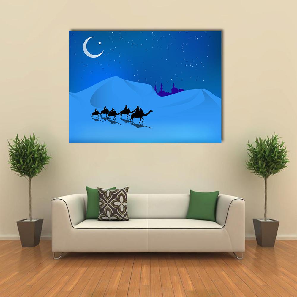 Camels In Dessert Illustration Canvas Wall Art-1 Piece-Gallery Wrap-36" x 24"-Tiaracle