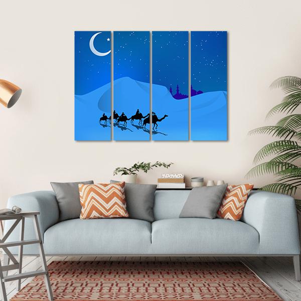 Camels In Dessert Illustration Canvas Wall Art-4 Horizontal-Gallery Wrap-34" x 24"-Tiaracle