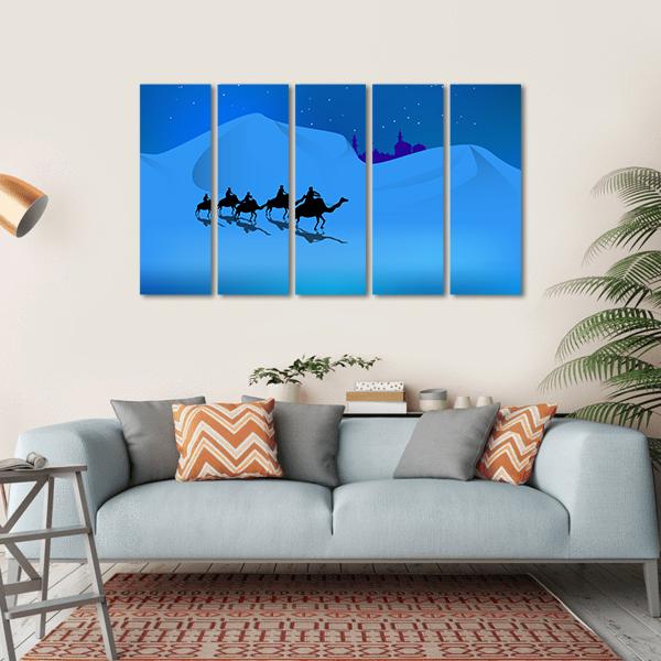 Camels In Dessert Illustration Canvas Wall Art-5 Horizontal-Gallery Wrap-22" x 12"-Tiaracle