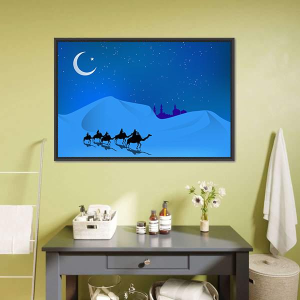 Camels In Dessert Illustration Canvas Wall Art-5 Horizontal-Gallery Wrap-22" x 12"-Tiaracle