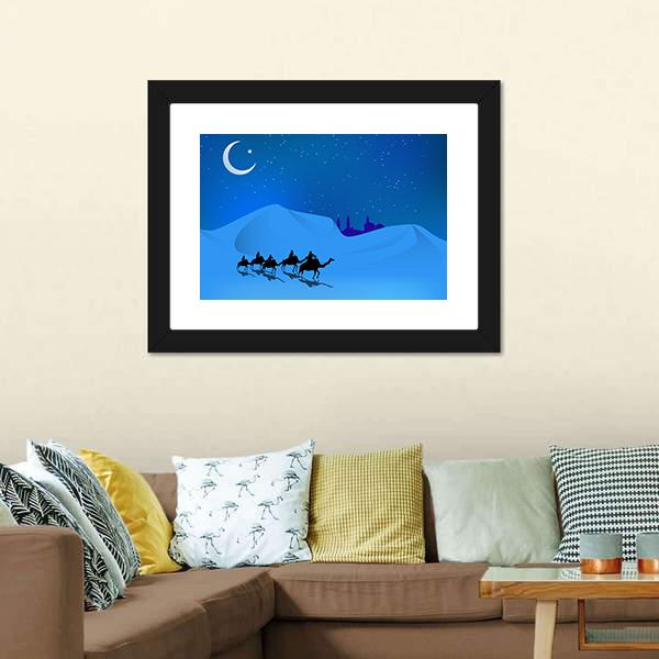 Camels In Dessert Illustration Canvas Wall Art-5 Horizontal-Gallery Wrap-22" x 12"-Tiaracle