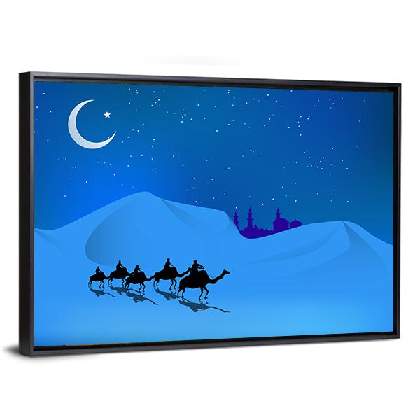 Camels In Dessert Illustration Canvas Wall Art-1 Piece-Floating Frame-36" x 24"-Tiaracle