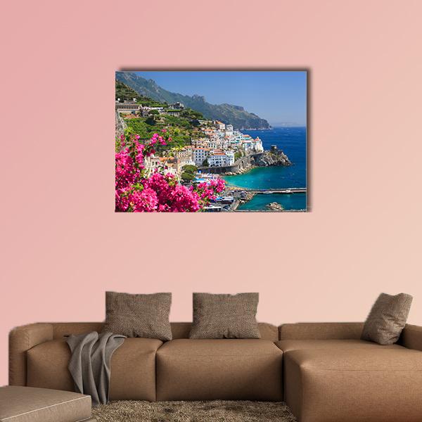 Amalfi Coast View from Grand Hotel Canvas Wall Art in green, blue and pink, single panel hung on a wall