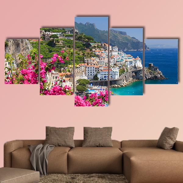 Amalfi Coast View from Grand Hotel Canvas Wall Art in green, blue and pink, 5 panel Star layout hung on a wall
