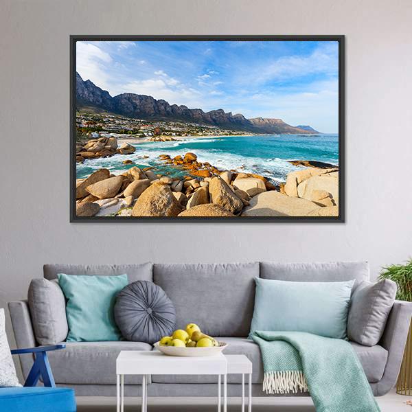 Camps Bay Beach and Mountains Canvas Wall Art in beige, brown and blue, framed canvas, product view on a white background