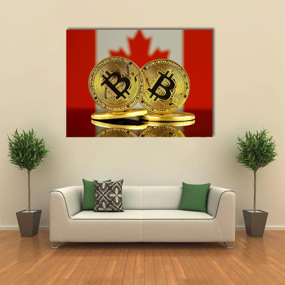 Two Stacked Bitcoin Coins on Canadian Flag Canvas Wall Art in white, gold and red, single panel hung on a wall