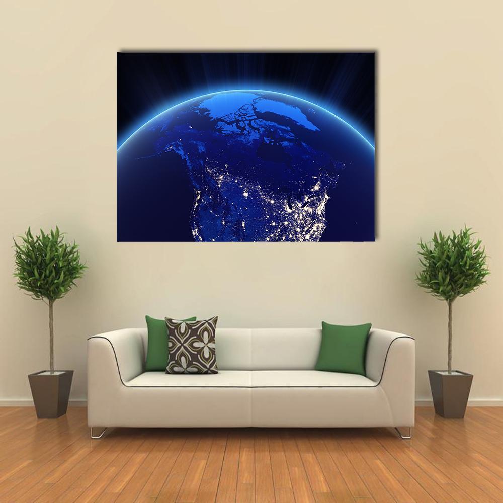 Canada from Space Canvas Wall Art in black and blue, single panel hung on a wall