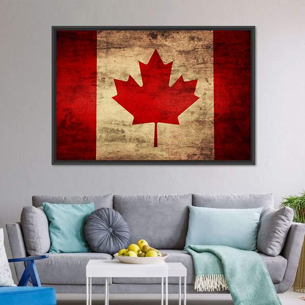 Grunge Canadian Flag Canvas Wall Art in beige, brown and red, framed canvas, product view on a white background