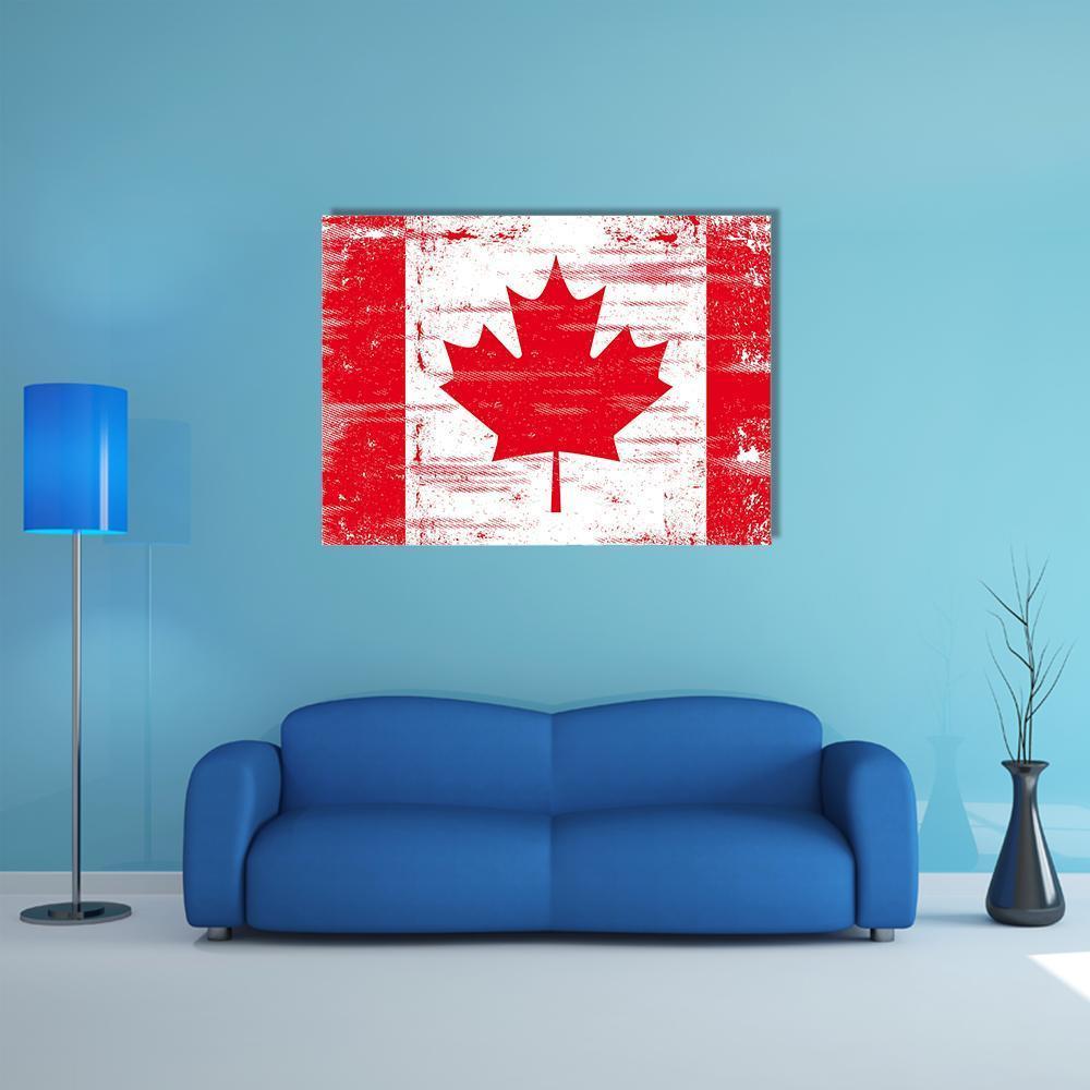 Distressed Canadian Flag Canvas Wall Art in white and red, single panel hung on a wall