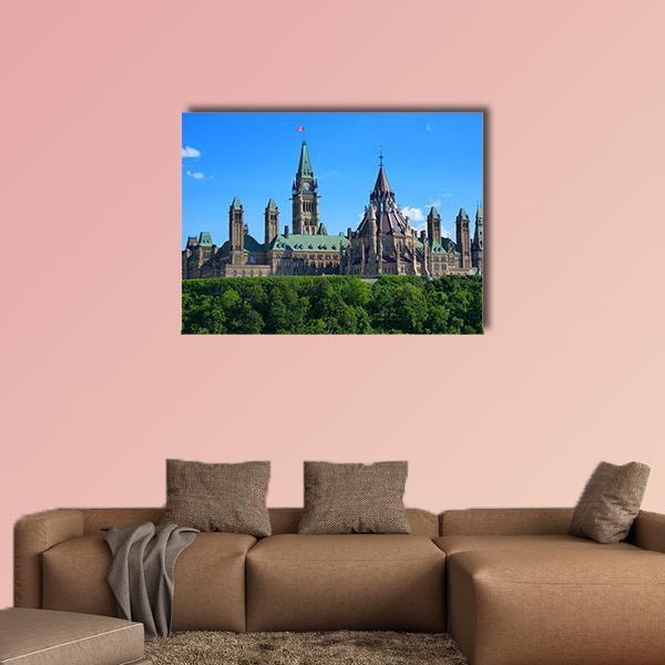 Canadian Parliament Peace Tower Canvas Wall Art in brown, green and blue, single panel hung on a wall