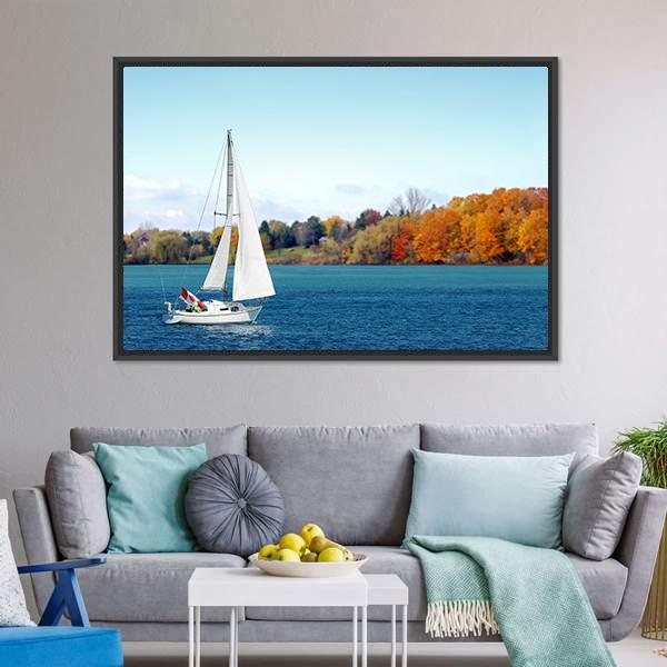 Canadian Sailboat on Lake Canvas Wall Art in white and blue, framed canvas, product view on a white background