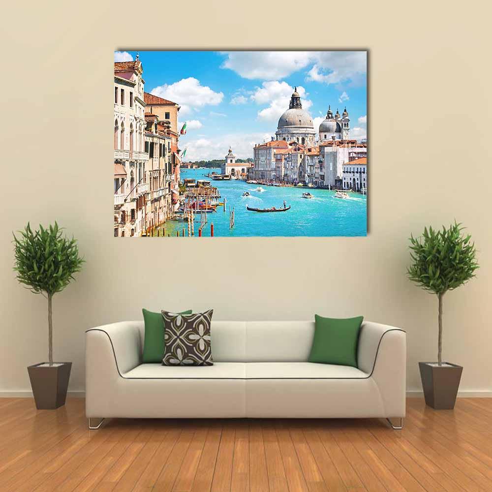 Canal Grande and Santa Maria Della Salute Canvas Wall Art in white, beige and blue, single panel hung on a wall