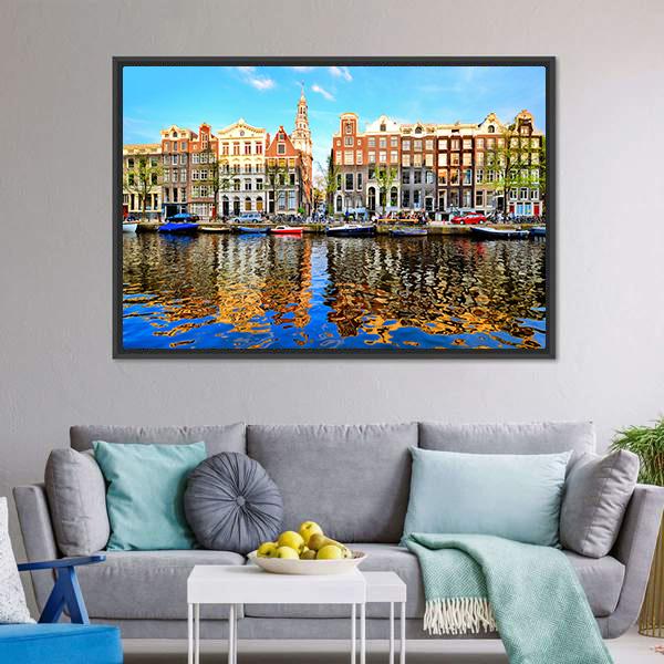 Canal Houses Of Amsterdam Canvas Wall Art-1 Piece-Floating Frame-24&quot; x 16&quot;-Tiaracle
