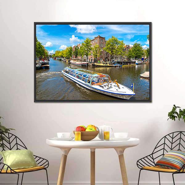 Canal In Amsterdam Canvas Wall Art-3 Horizontal-Gallery Wrap-25" x 16"-Tiaracle